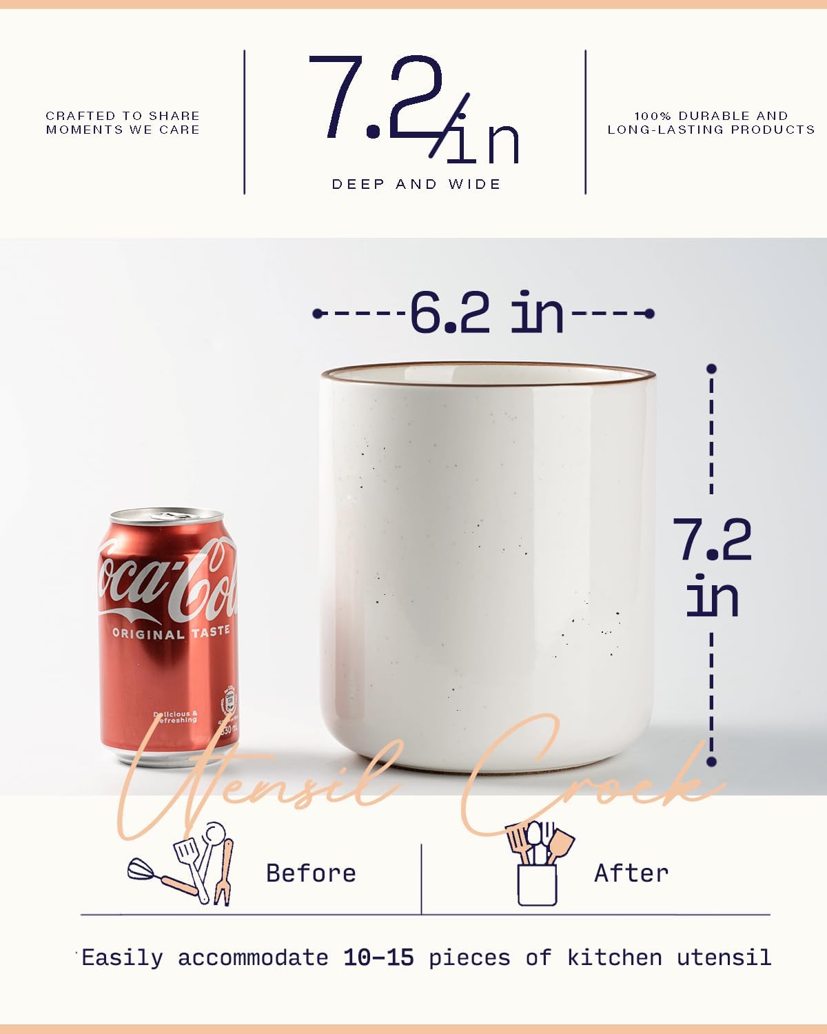 getstar Kitchen Utensil Holder, Large Ceramic Cooking Utensil Holder (H7.2” x W6.2”) for Kitchen Counter with Cork Mat at Bottom, Farmhouse Decor