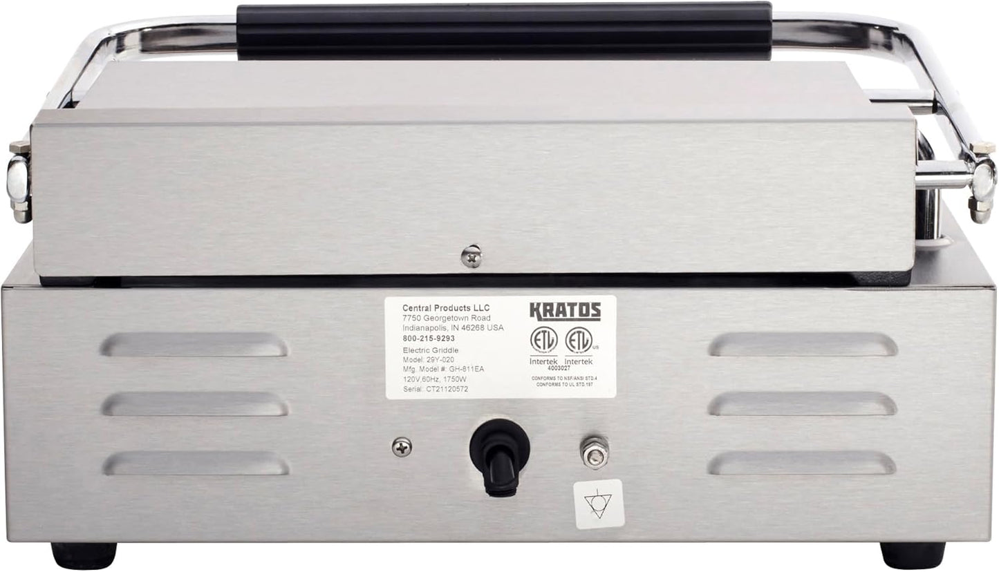 Kratos Commercial Electric Panini Sandwich Grill with Grooved Plates, 14" x 9" Cooking Surface, Commercial Countertop Panini Press, 120V, 1750W (29Y-020)