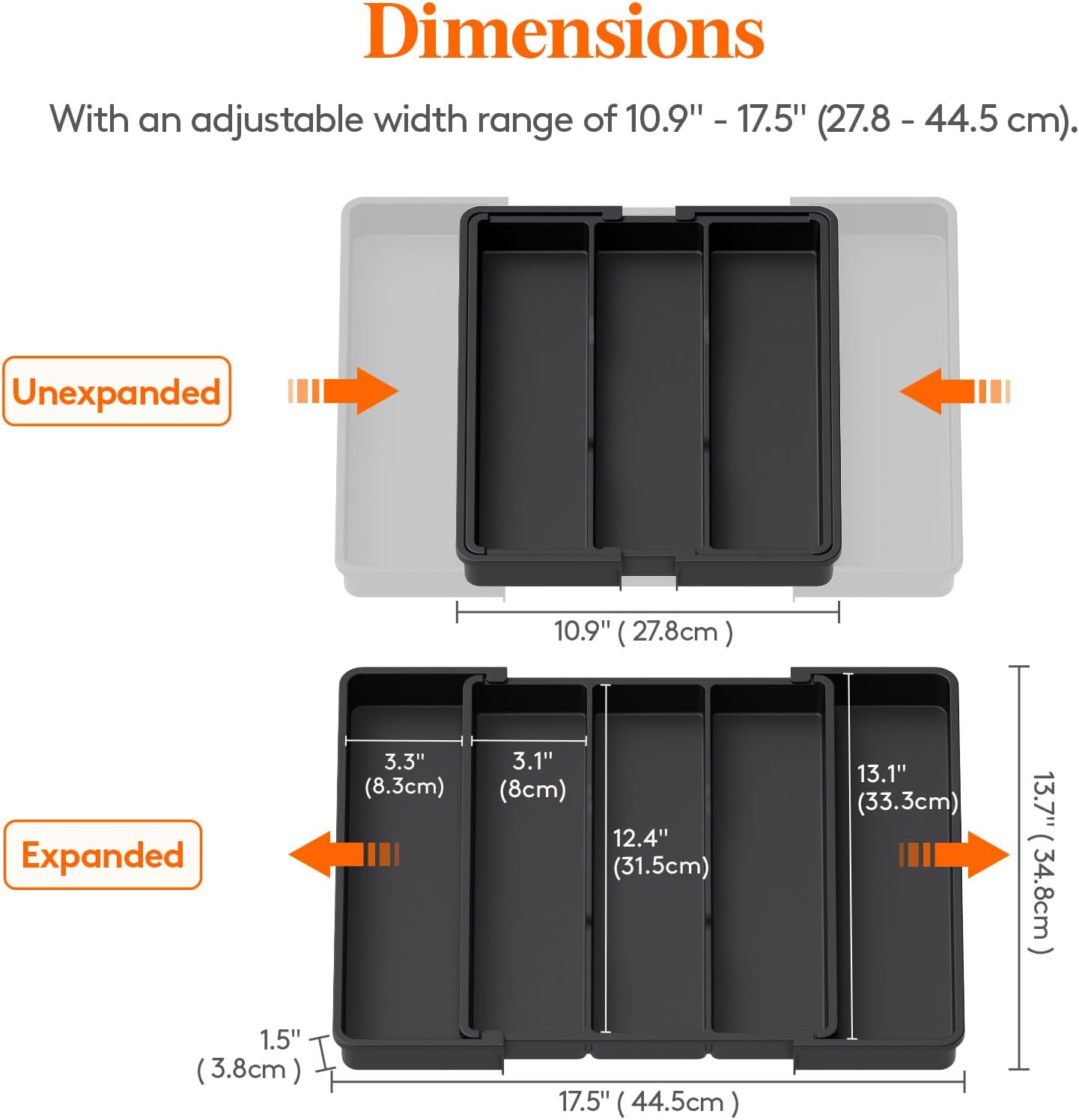 Lifewit Cooking Utensil Drawer Organizer, Expandable from 11 to 18 inches, Adjustable Cutlery Silverware Tray, Plastic Flatware Spatula Holder, Kitchen Tools Gadgets Storage Divider, Black