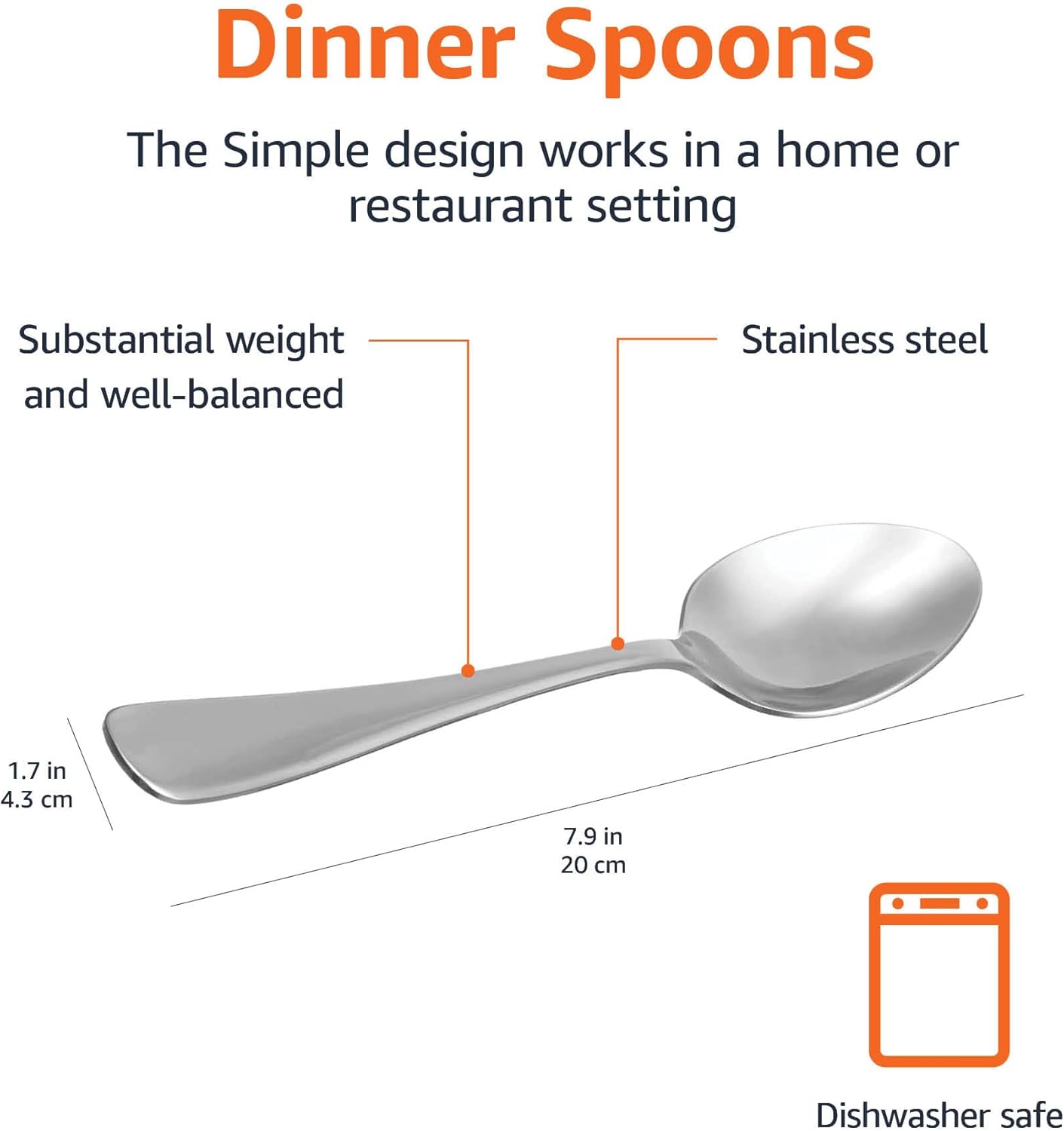 Amazon Basics Stainless Steel Dishwasher Safe Dinner Spoons with Round Edge, Large Tablespoons, 7.9 inches, Pack of 12, Silver