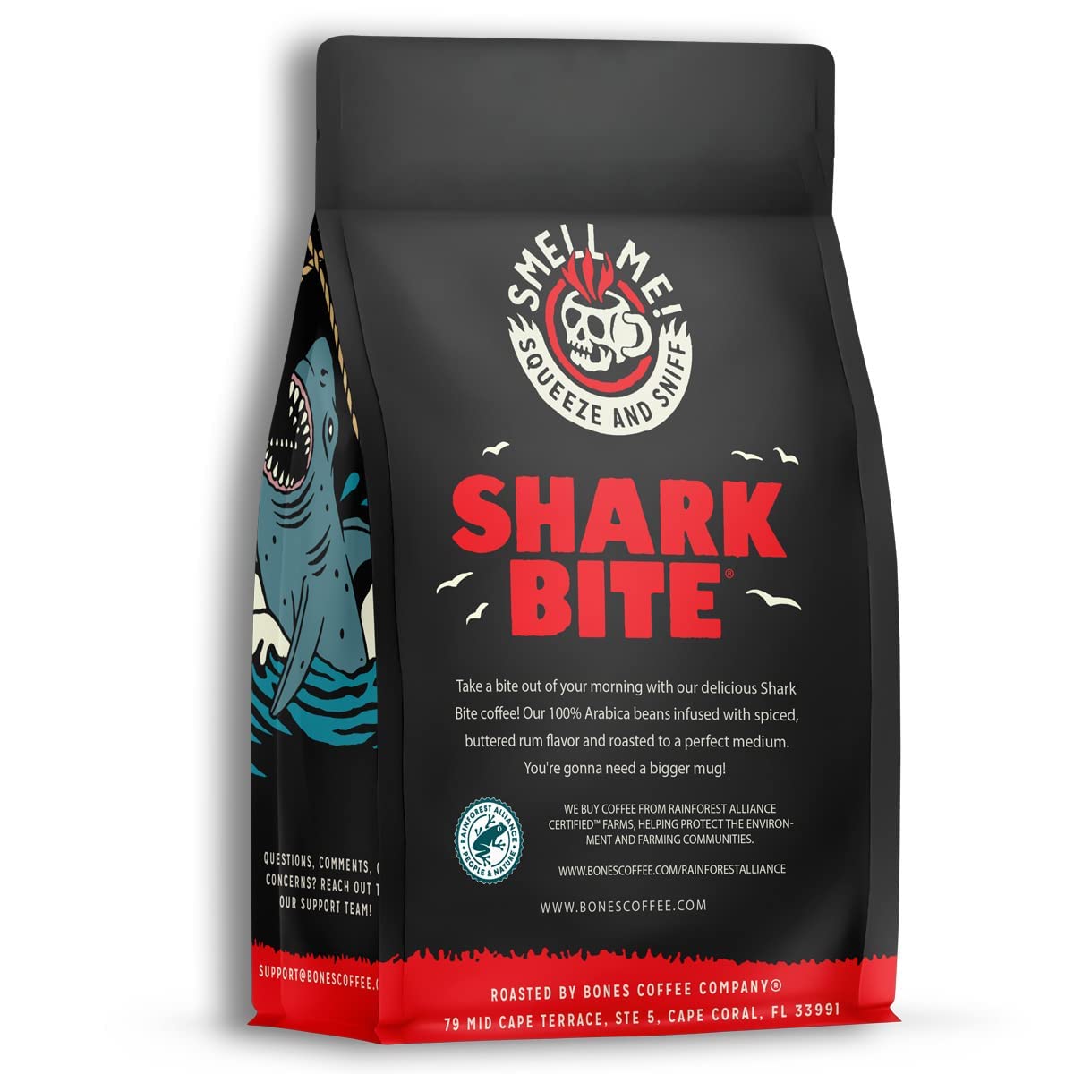 Bones Coffee Company Shark Bite, Buttered Rum Flavored Coffee, Medium Roast Low Acid Arabica Beans Compatible with Auto drip and French Press Coffee Maker, 12 Oz Whole Bean