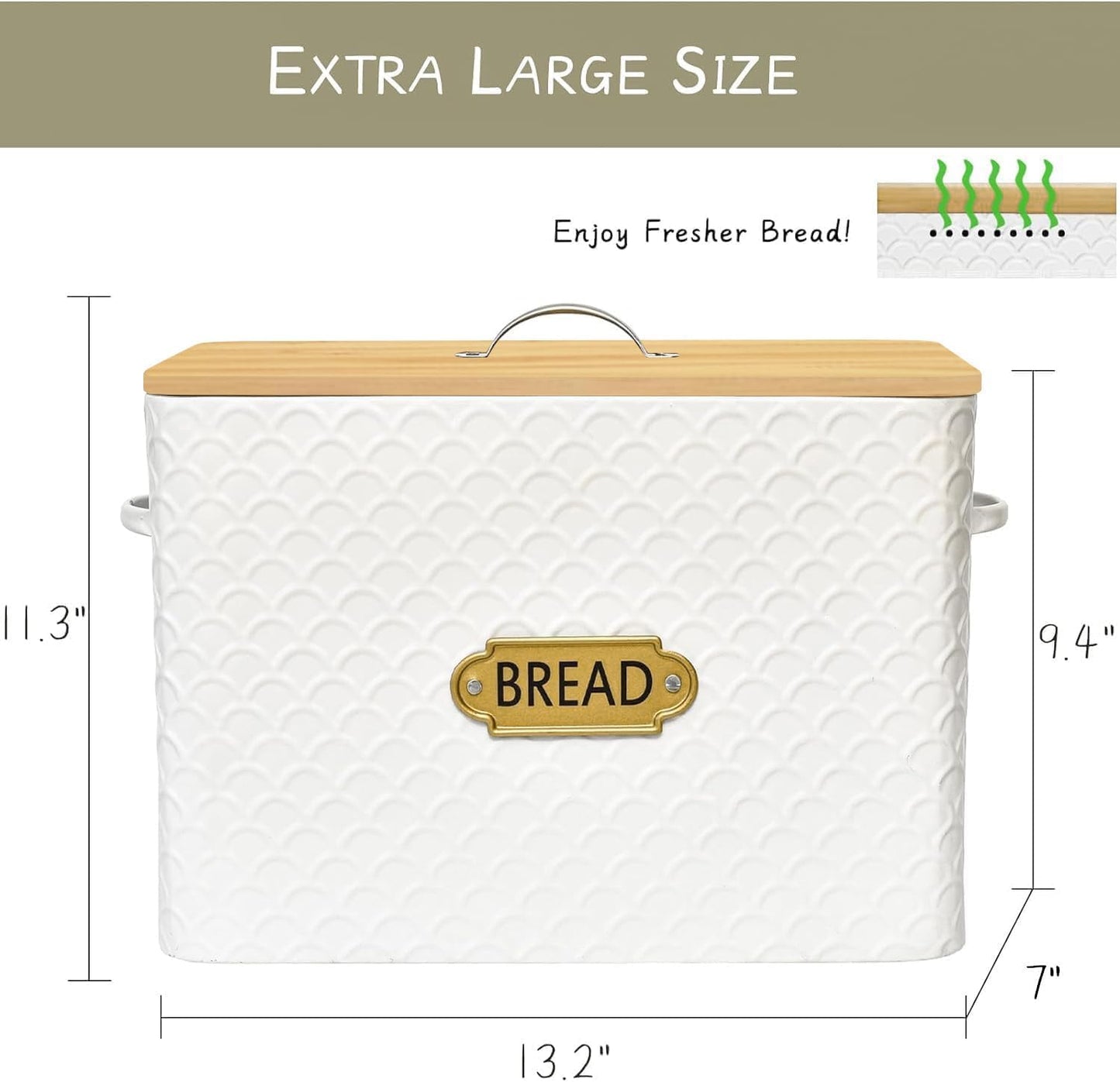 Extra Large Space Saving Farmhouse Bread Box With Wood Lid - Holds 2 Loaves - Vertical Breadbox Bread Storage Bin Holder for Kitchen Countertop, White