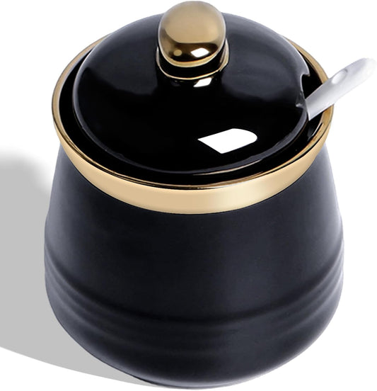 HAOTOP 12oz Sugar Bowl with Lid and Spoon,Simple Ceramic Sugar Jar Sugar Container Sugar Dispenser Coffee Bar Accessories, Modern Kitchen Countertop Canisters, Black