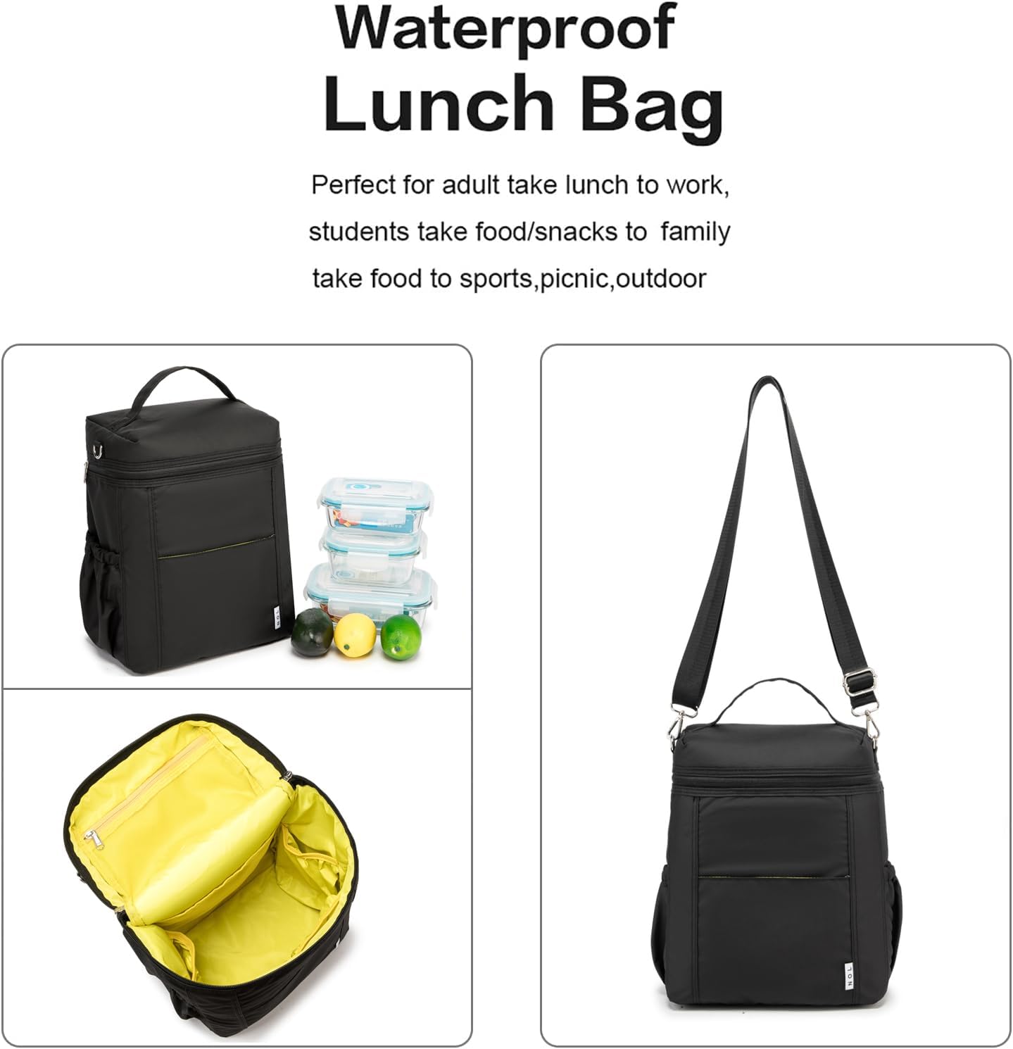 NOL Natural Organic Lifestyle Insulated Lunch Bags for Women Cooler Bag Lightweight Nylon Waterproof Lunch Box For Work (Black, Large)