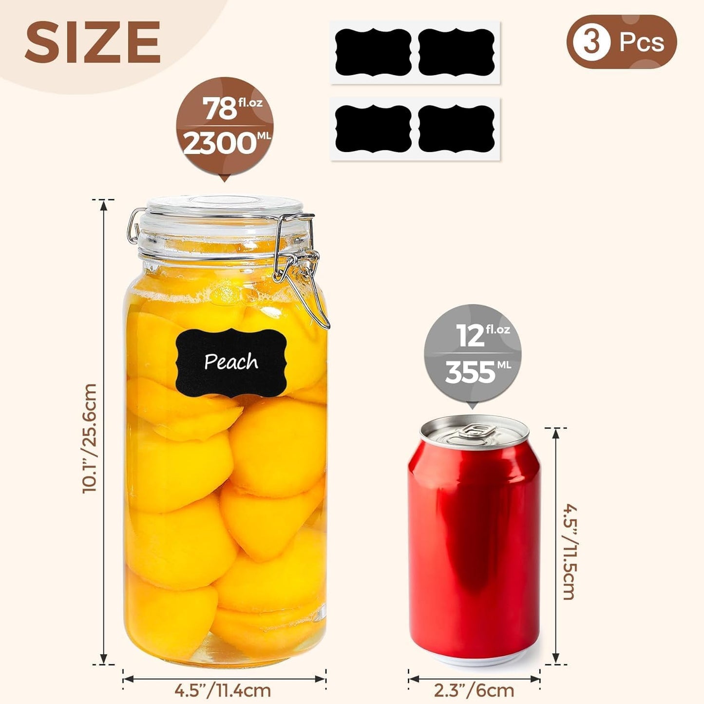 ComSaf Airtight Glass Canister Set of 3 with Lids 78oz Food Storage Jar Square - Storage Container with Clear Preserving Seal Wire Clip Fastening for Kitchen Canning Flour, Cereal, Pasta, Sugar, Beans