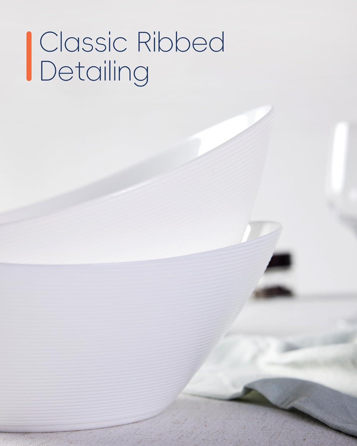 66 OZ Salad Bowl Set of 2, Opal Glass 10 inch Lightweight Serving Dishes for Salad, Fruit, Kitchen Microwave & Dishwasher Safe, Oval Shape White