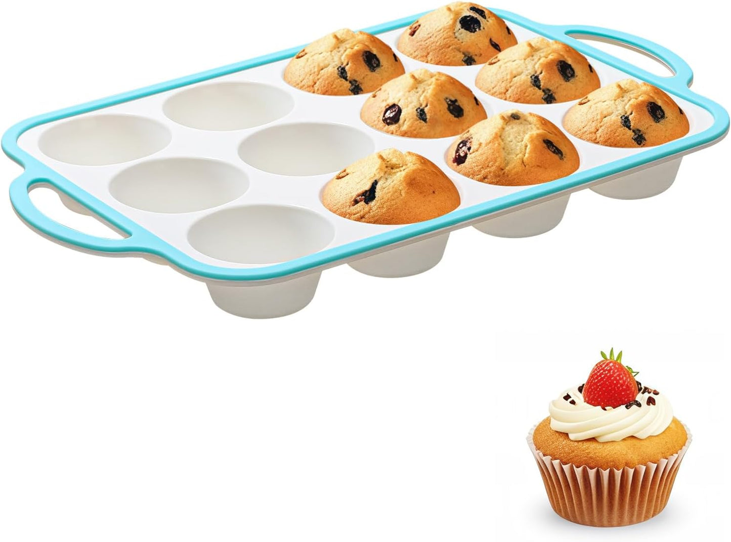 Silicone Muffin Pans for Baking 1 Pack, 2.6 Inch with Metal Reinforced Frame, Regular Size Nonstick Cupcake Pan 12 Cups for Baking Homemade Muffins, Dishwasher Safe BPA Free-Blue