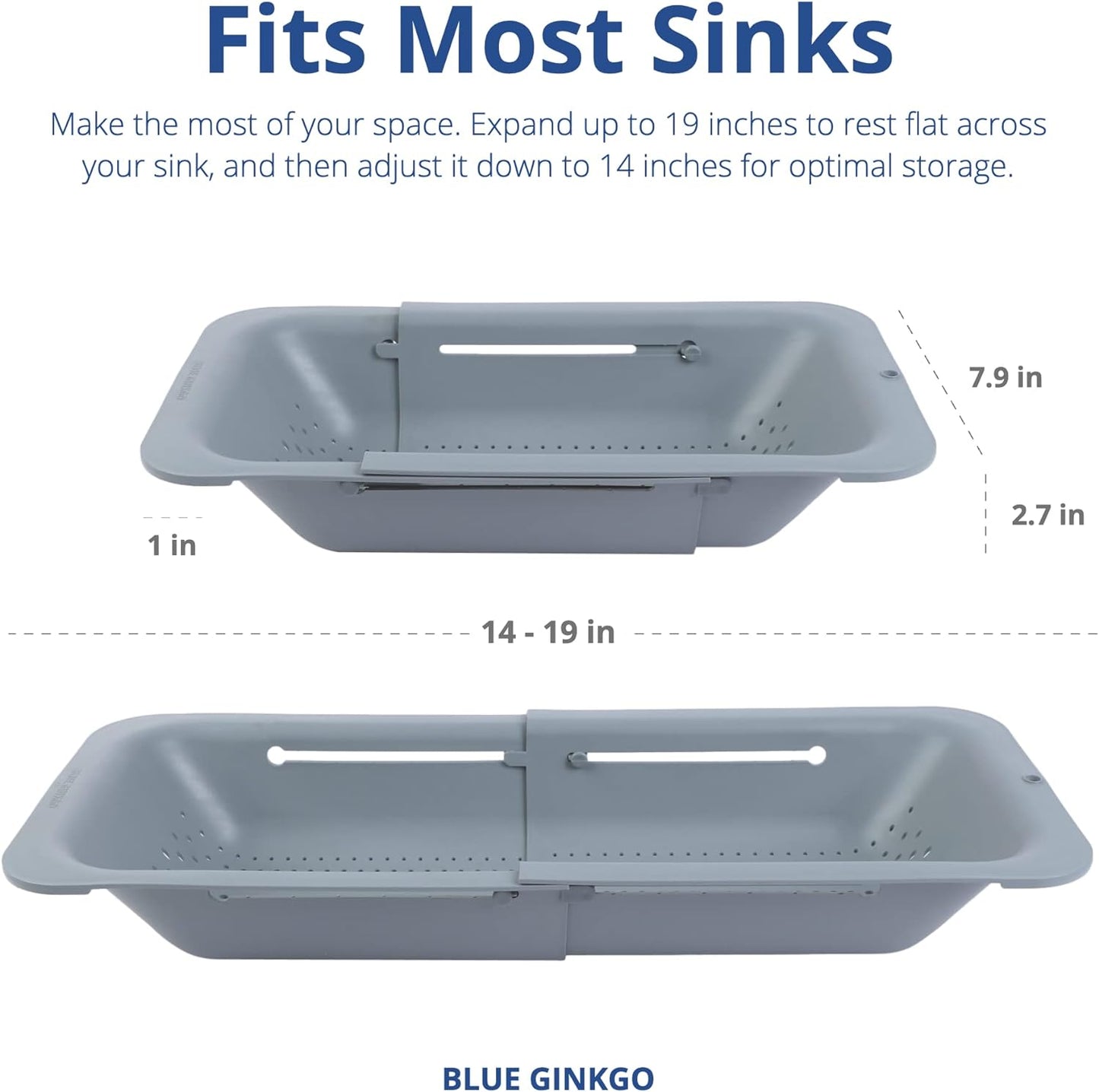 BLUE GINKGO Over the Sink Colander Strainer Basket - Wash Vegetables and Fruits, Drain Cooked Pasta and Dry Dishes - Extendable - New Home Kitchen Essentials (7.9W x 14-19L x 2.75H) - Gray