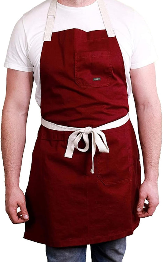Caldo Daily Cotton Kitchen Apron for Cooking- Mens and Womens Chef Apron (Burgundy)