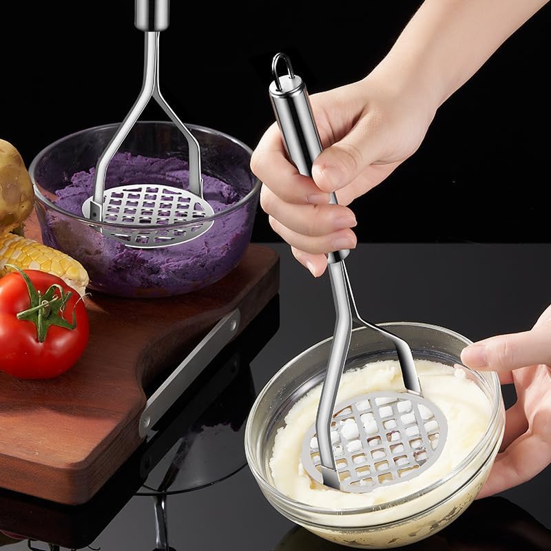 Potato Masher (4-Pack), 10-Inch Sturdy Gourmet Stainless Steel Wire Masher, Heavy Duty Metal Potato Ricer, Vegetables Fruits Hand Mashers, Dishwasher Safe