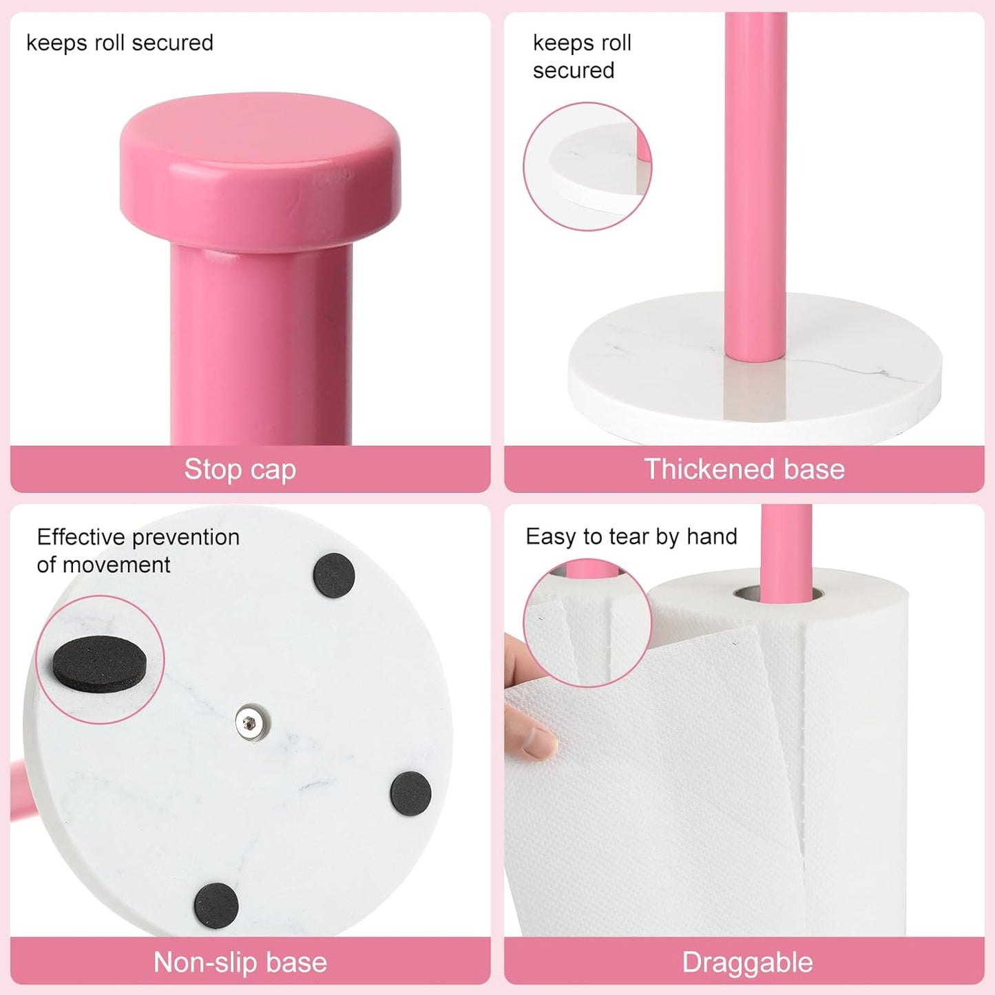 Standing Paper Towel Holder, Kitchen Paper Towel Roll Holder- for Bathroom Kitchen Countertop with Weighted Marble Base for One-Handed Operation (Pink), Pink Paper Towel Holder