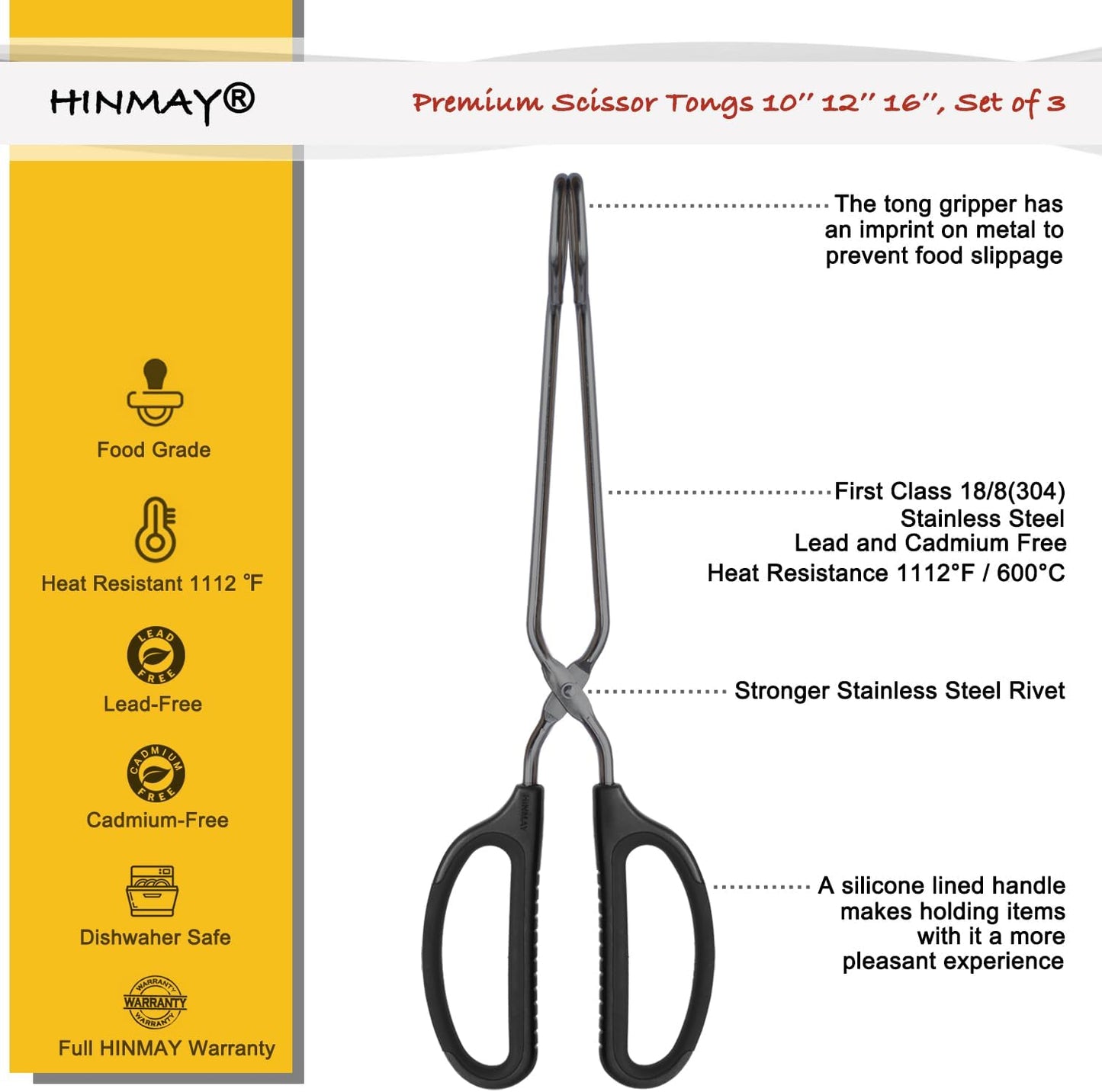 10" 12" 16" Stainless Steel Kitchen Tongs Set, Non-Slip Comfortable Grip Scissor Tongs for Cooking, Grilling & Serving, Set of 3