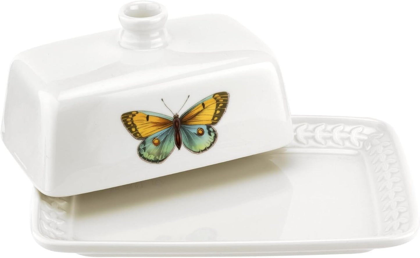 Portmeirion Botanic Garden Harmony Covered Butter Dish, 7.5 Inch - Porcelain Butter Keeper with Butterfly Motif - Dishwasher, Microwave, Freezer, Oven Safe - Vintage Inspired Kitchenware