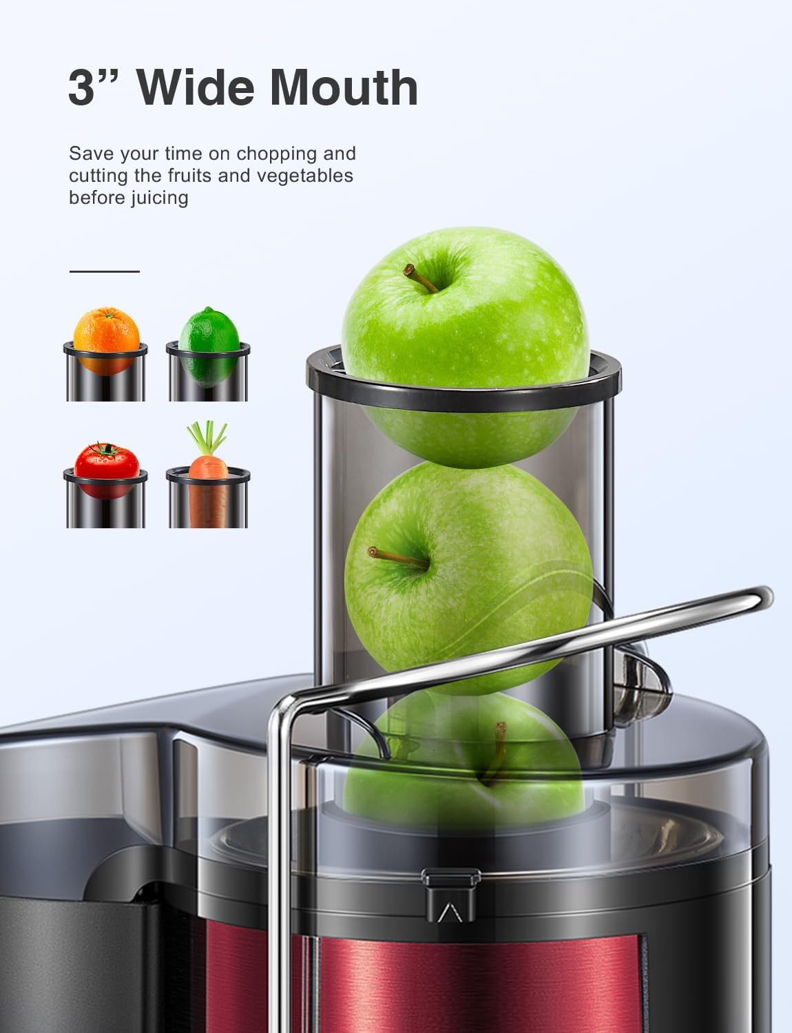 QCen Juicer Machine, 500W Centrifugal Juicer Extractor with Wide Mouth 3” Feed Chute for Fruit Vegetable, Easy to Clean, Stainless Steel, BPA-free (Metallic Red)