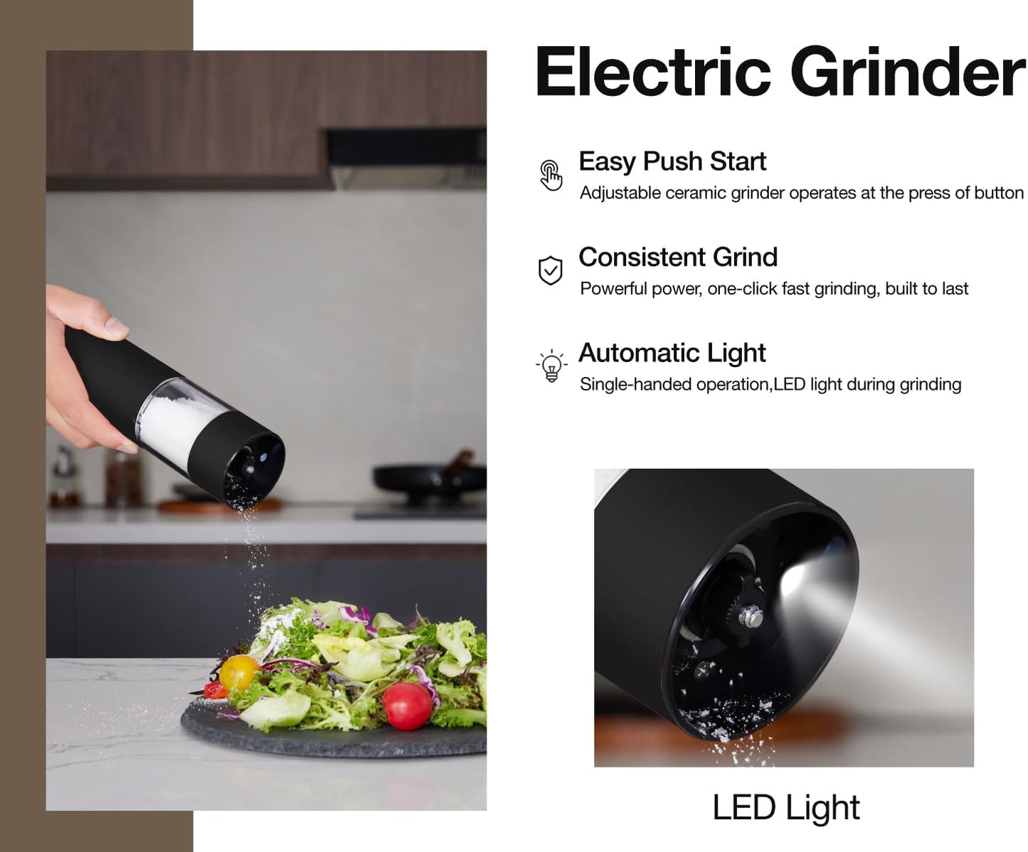Stainless Steel Rechargeable Electric Salt and Pepper Grinder Set, USB Charging with Dust Cover, 6 Adjustable Grinding Modes + LED Light 2packBlack+Cream