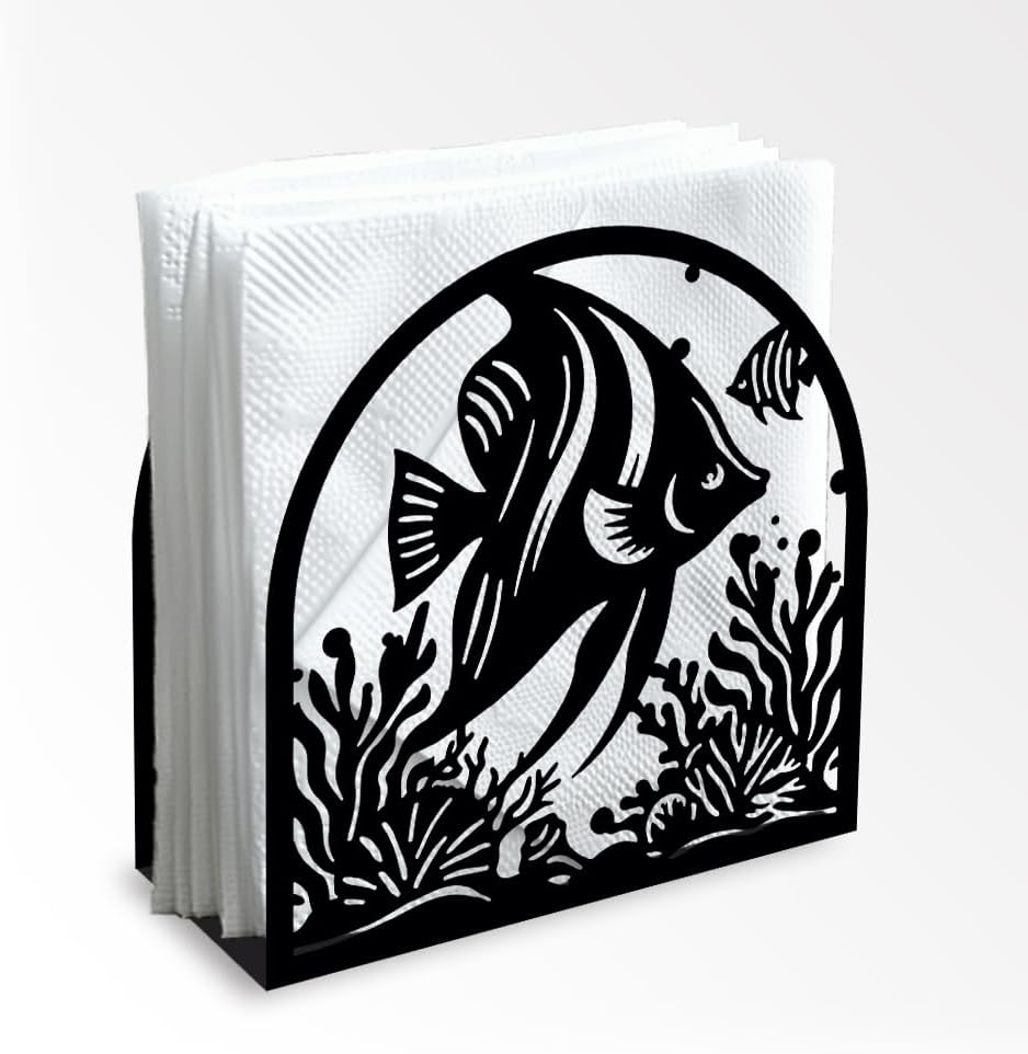 Tropical Fish Decorative Black Metal Napkin Holder for Table, 4.9" x 4.9" x 1.9" Standing Napkin Holder for Home Kitchen Restaurant Picnic Party Coffee Bar Dining Room