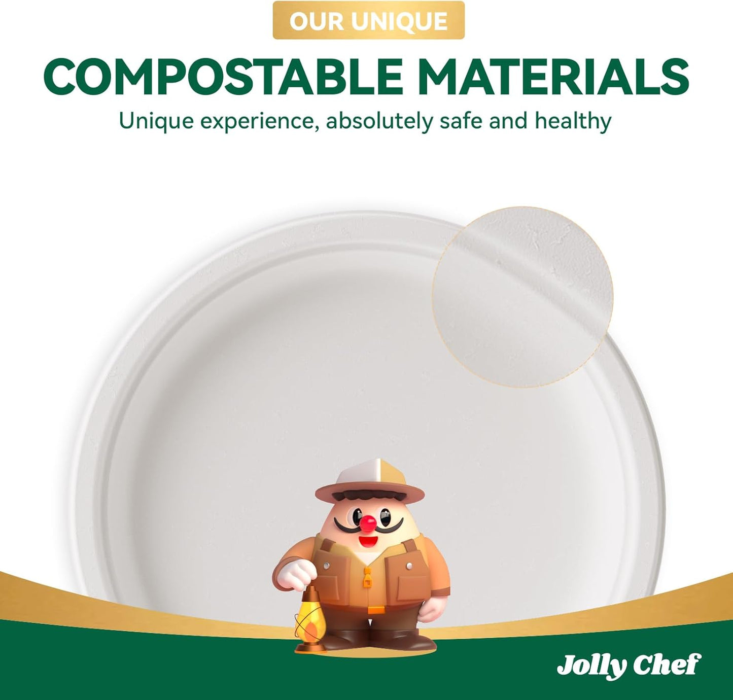 JOLLY CHEF Compostable Heavy Duty Plates 9 Inch [150 Pack] Eco-Friendly Disposable Natural Paper Plates Bagasse Biodegradable Bulk for Party Dinner Sugarcane Fibers Round 150 Count(White)