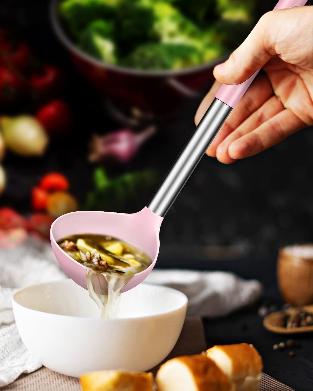 Pack of 2 Ladle Spoon,Silicone Large Spoon for Soup,Non Stick Kitchen Utensils with High Heat Resistant,BPA Free Perfect Kitchen Tools for Cooking, Stirring,Serving Soups (PINK-PURPLE)