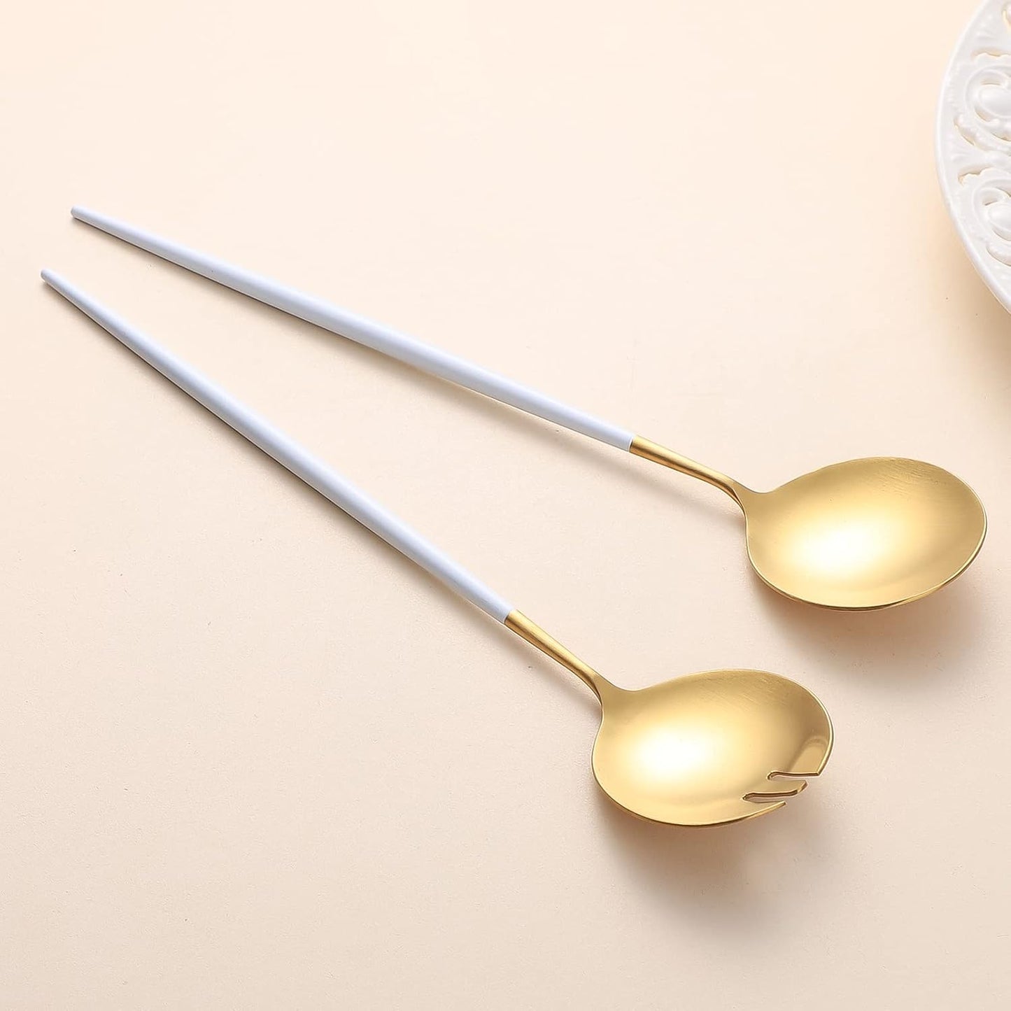 Salad Servers,Spoon and Fork Set 11.41 inch,18/10 Stainless Steel Salad Serving Titanium Plating (White gold)