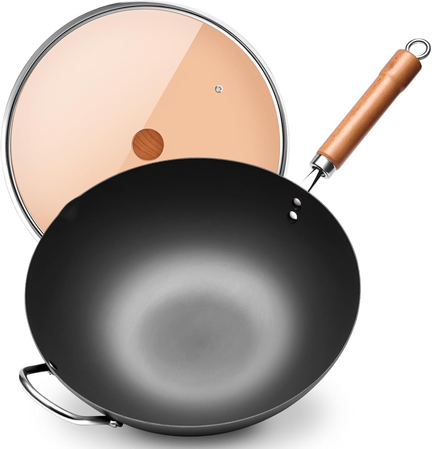 WANGYUANJI Carbon Steel Wok Pan, 13.4" Woks & Stir-Fry Pans with Glass Lid No Chemical Coated Flat Bottom Iron Wok for Induction, Electric, Gas, Halogen All Stoves