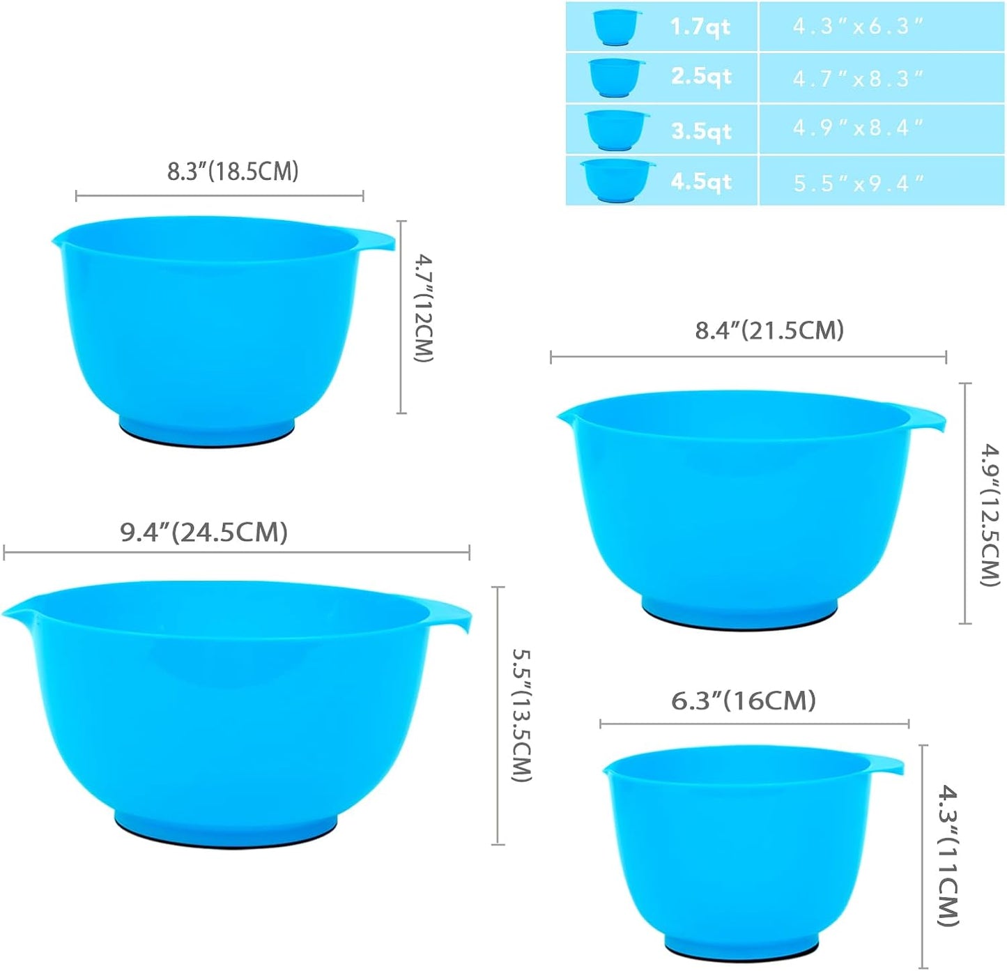 BoxedHome 4 Quart Large Plastic Mixing Bowls, Microwave Safe Mixing Bowl Set with Pour Spout, Nesting Bowls for Space Saving Storage(Teal)