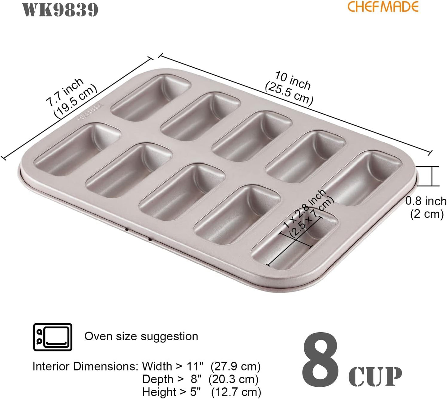 CHEFMADE Financier Cake Pan, 10-Cavity Non-Stick Rectangle Muffin Pan Biscuits Cookies Bakeware for Oven Baking (Champagne Gold)