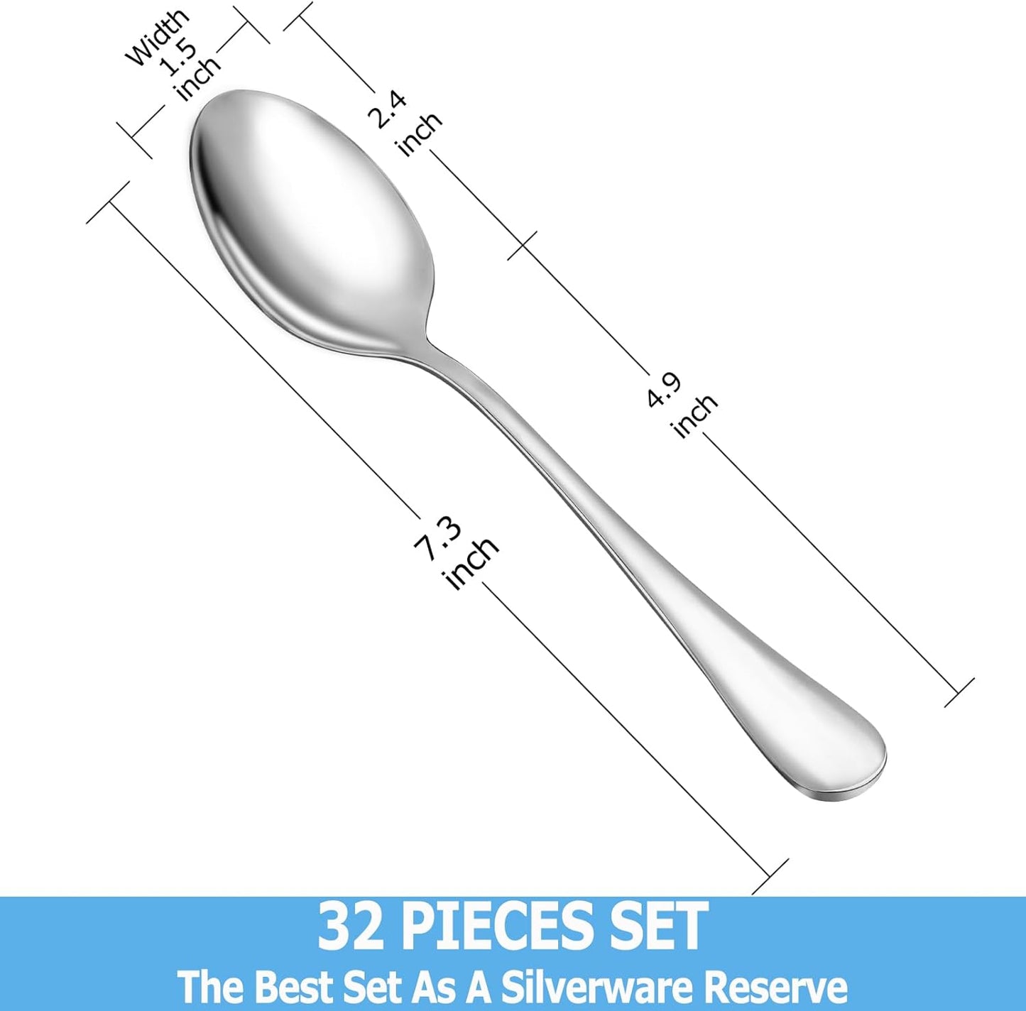 32 Pcs Dinner Spoon Set,Premium Food Grade Stainless Steel Spoons,Durable Metal Spoons,Tablespoon,Spoons Silverware Only,Mirror Finish & Dishwasher Safe,Use for Home,Kitchen and Restaurant - 7.3 inch