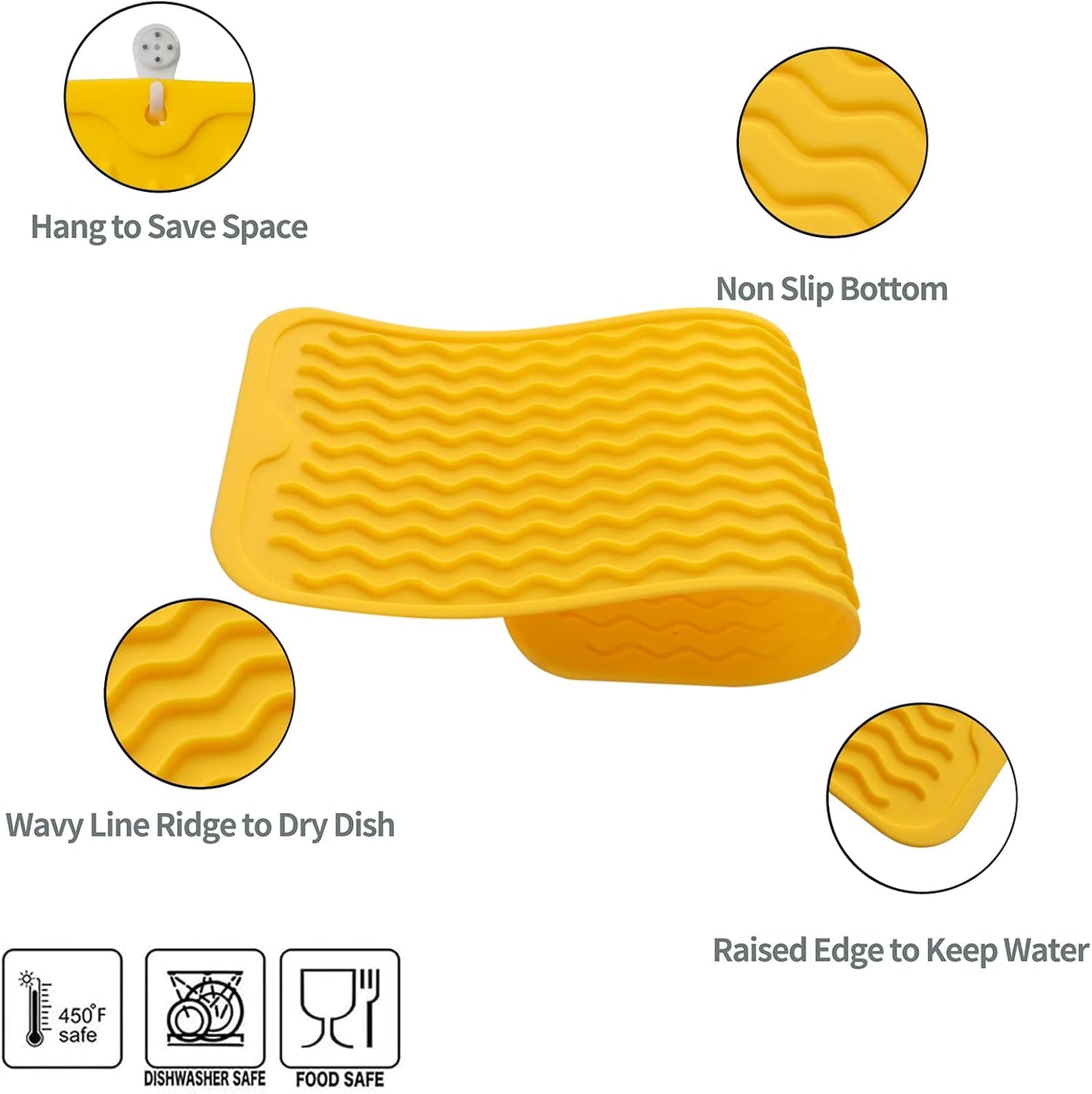 Silicone Dish Drying Mat for Multiple Usage,Easy clean,Eco-friendly,Heat-resistant Silicone Mat for Kitchen Counter,Sink,Bar,Bottle,or Cup Yellow M 17 inches x 6 inches