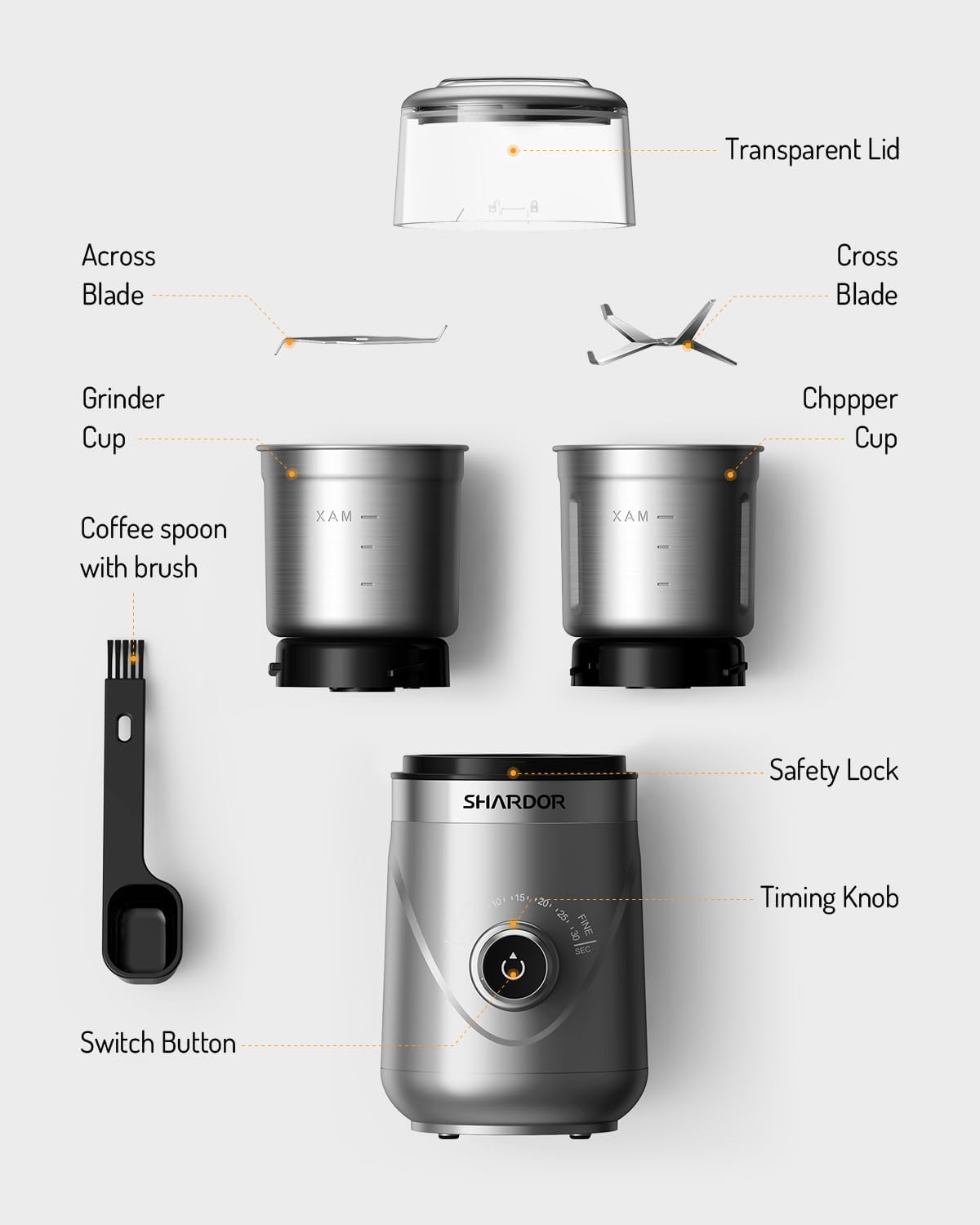 SHARDOR Adjustable Coffee Grinder Electric, Herb, Spice, Coffee Bean,Espresso Grinder with 2 Removable Stainless Steel Wet and Dry Bowl, Silver