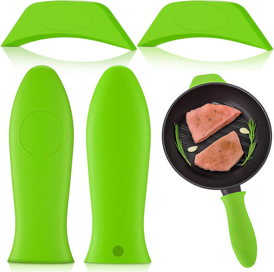 Domensi 4 Pcs Silicone Hot Handle Holder Set Cast Iron Skillet Handle Covers Heat Resistant Silicone Assist Handle Holder for Frying Pans Cast Iron Skillet Griddles Cookware(Green)