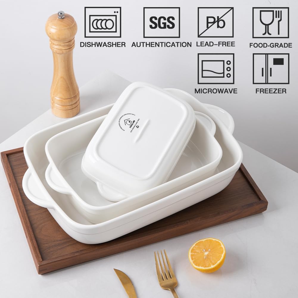 Sweejar Casserole Dishes for Oven, Ceramic Bakeware Set of 3, Lasagna Pan Deep with Handle, Rectangular Baking Pan Set, 9x13 Baking Dish for Cooking, Banquet and Daily Use (White)
