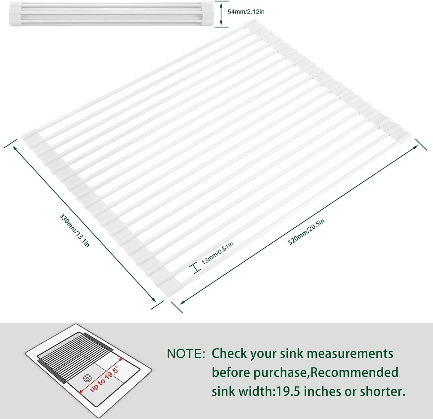 Roll Up Dish Drying Rack Over The Sink Kitchen Roll Up Sink Drying Rack Multipurpose Foldable Sink Drying Mat, Heat-Resistant, Anti-Slip & Anti-Rust Dish Rack for Kitchen, 20.5" x 13", White