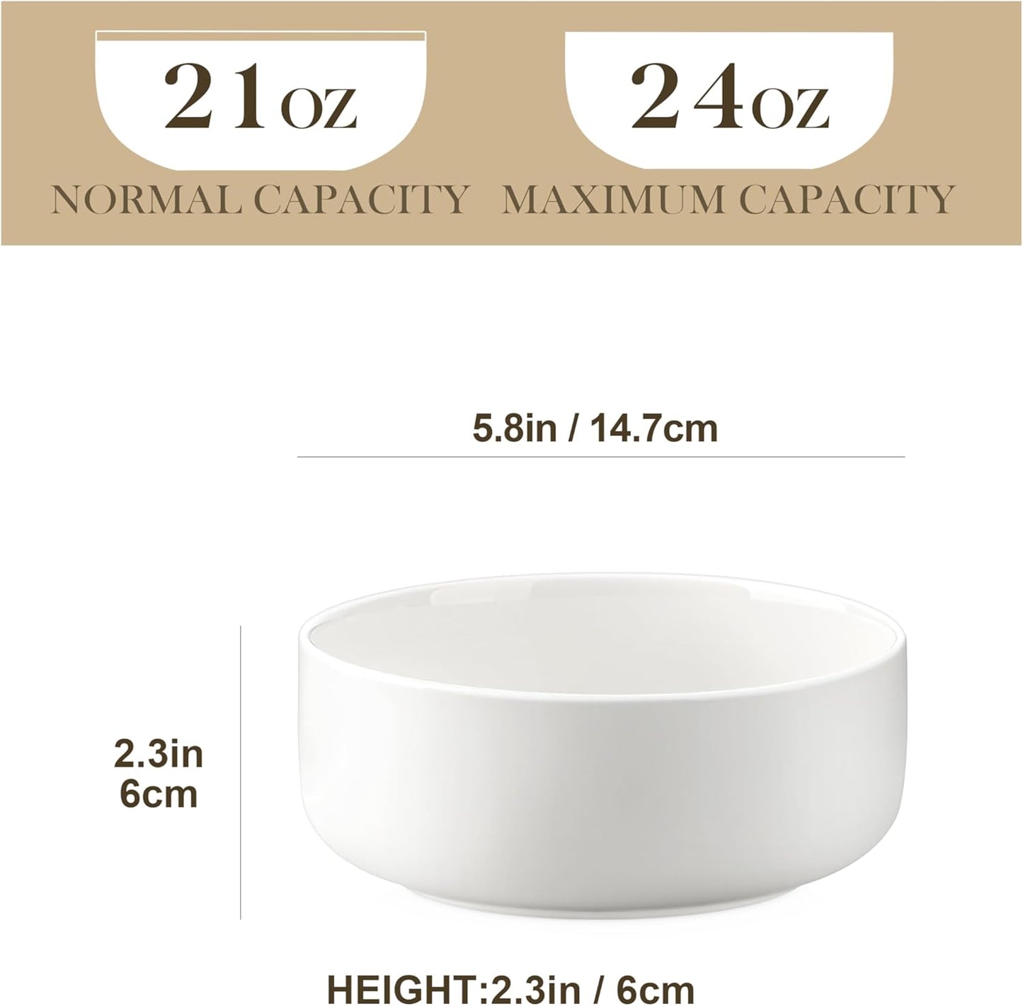 MALACASA 24 OZ Cereal Bowls, Porcelain Soup Oatmeal Bowls Set of 6, Kitchen Ceramic Serving Bowl, Dishwasher Microwave Oven Safe, White, Series LUNA