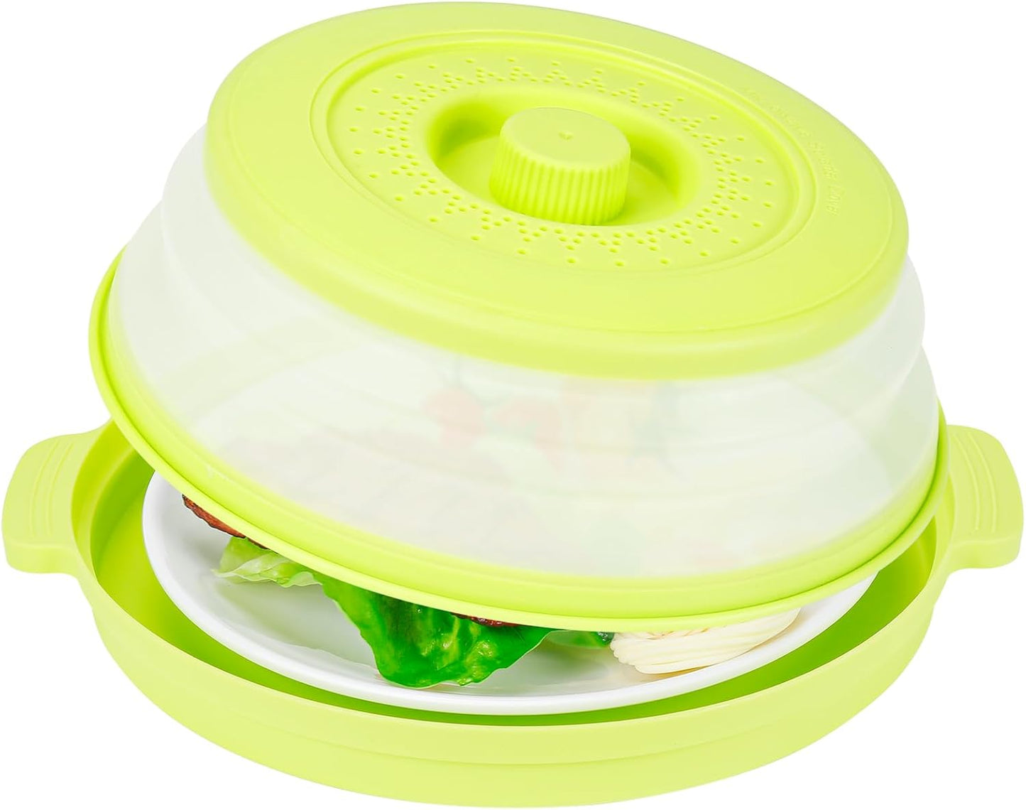 10.7 Inch Microwave Food Cover with Heat Insulation Mat, Anti-Scald Collapsible Microwave Splatter Cover, Multi-Functional as Colander & Fruit Plate, Dishwasher Safe, Ideal for Meal Prep (Green)