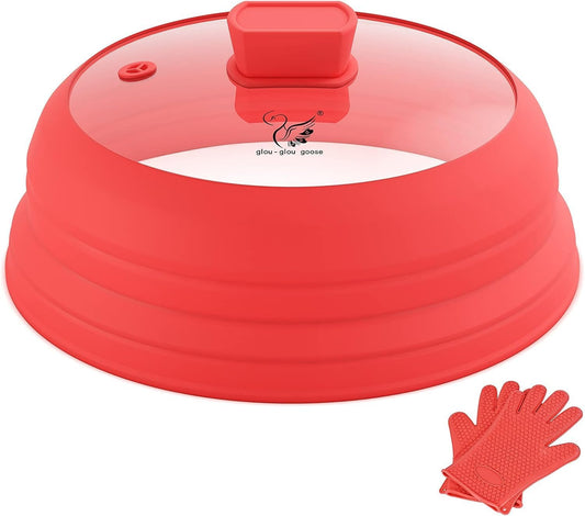 Microwave Splatter Cover Glass with Collapsible Silicone for Food Cover Plate Cover 10.8 inch with Anti-Scalding Gloves