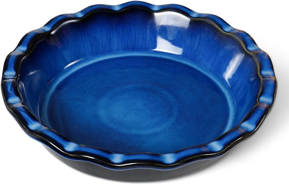 AISBUGUR Pie Pan for Baking 9 Inch Ceramic Pie Dish Quiche Baking Dish Non-Stick Dishwasher & Oven Safe (Reactive Glaze Blue)