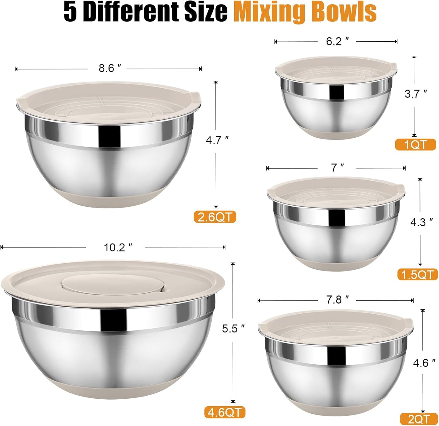 P&P CHEF Mixing Bowl with Lid Set, 5 Piece Stainless Steel Mixing Nesting Bowls for Salad Storage, 3 Grater Attachments & Non-Slip Bottoms, Size 1/1.5/2 / 2.6/4.6 QT, Khaki