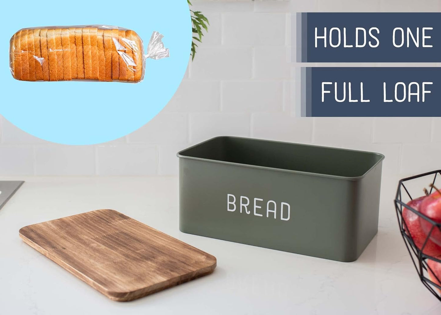 Nat & Jules Matte Green 12 x 7 Metal Enamel Rubber Wood Lidded Bread Box