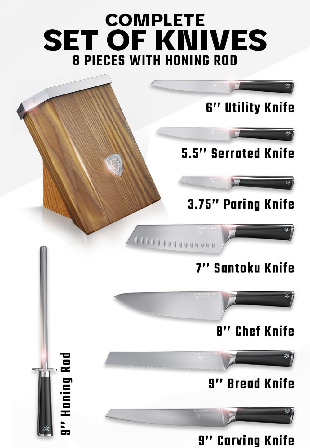 Dalstrong Knife Block Set-8pc-Vanquish Series-Forged High Carbon German Steel-Kitchen Knife Set-Premium Wood Block-Black POM Handle-NSF Certified-Men's Valetines Gift