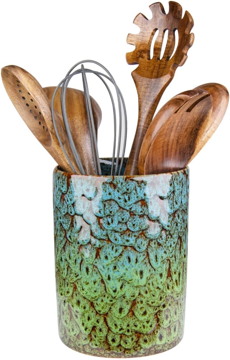 Utensil Holder, Ceramic Kitchen Utensil Holder for Countertop, Large Cooking Utensil Crocks for Kitchen Counter, Morden Utensil Organizer for Spatula, kitchen Decor, Blue & Green