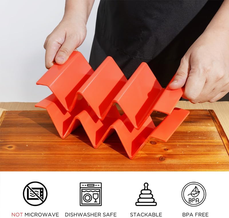 TP Taco Holder Stands, Set of 2 Melamine Large Taco Serving Rack Tray with Handle, Holds 3 Tacos, Dishwasher Safe, Ideal for Taco Night, Party, Home, Fiesta, Red