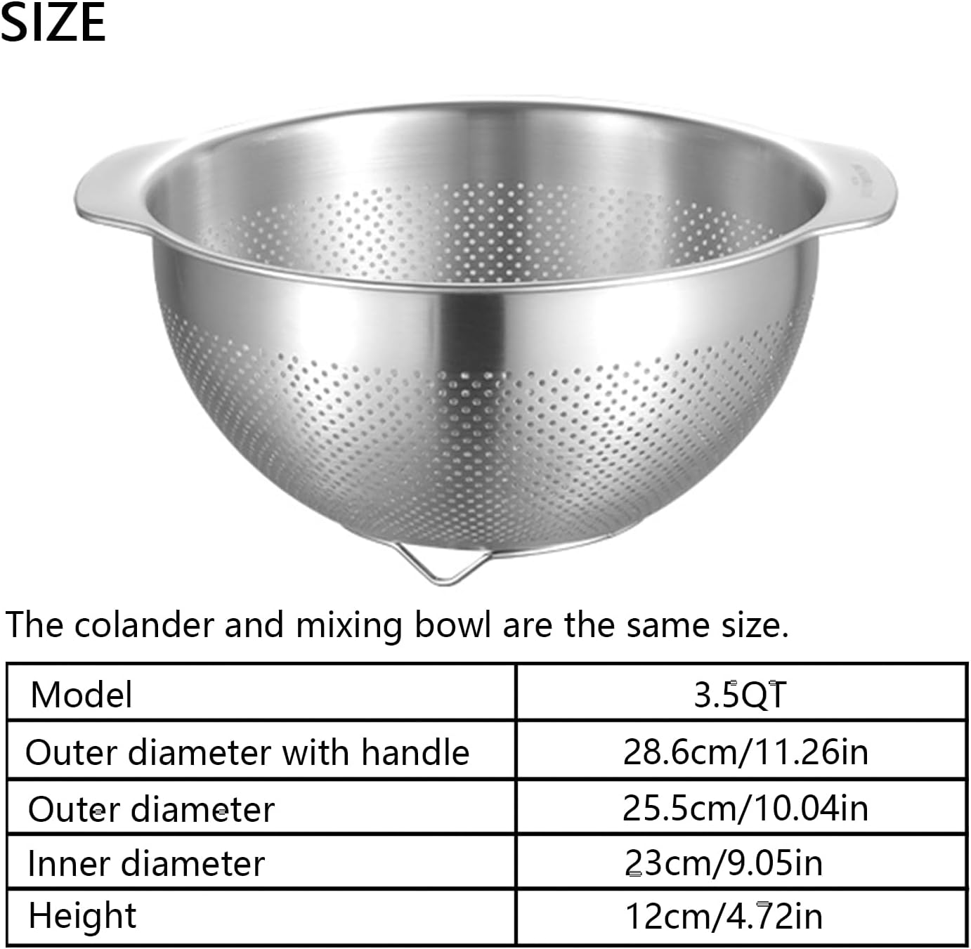 18/8 Stainless Steel Microwell Colander, 3.5QT Large Capacity with Handle Kitchen Food Strainer Basket for Washing Vegetables, Fruits, Rice, and Pasta (primary colour, 3.5QTColander+3.5QT Mixing bowl)
