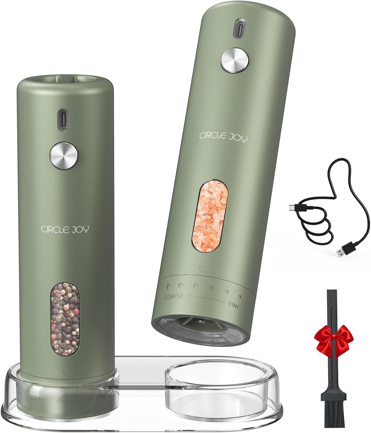 CIRCLE JOY Rechargeable Electric Salt and Pepper Grinder Set with Base, Automatic Pepper Mills with 110ml Container, External Adjustable Coarseness, White Led Light and One-Handed Operation, Green