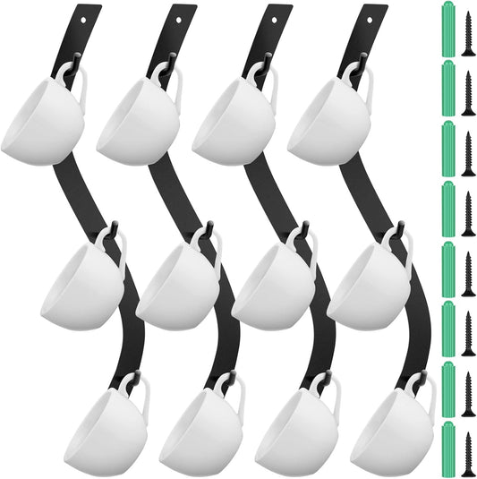 Sosation 4 Pack Coffee Mug Wall Rack Mounted with 12 Hooks S Curve Metal Coffee Cup Rack Wall Hanging Holder for Bar Kitchen Corner Station Decor Display