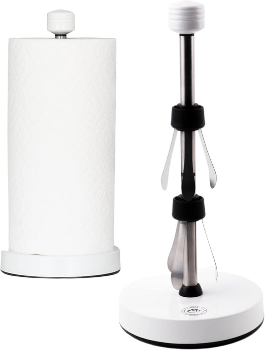 Stainless Steel White Paper Towel Holder Designed for Easy One-Handed Operation - This Sturdy Weighted Paper Towel Dispenser Countertop Model Has Suction Cups and Holds All Paper Towel Rolls