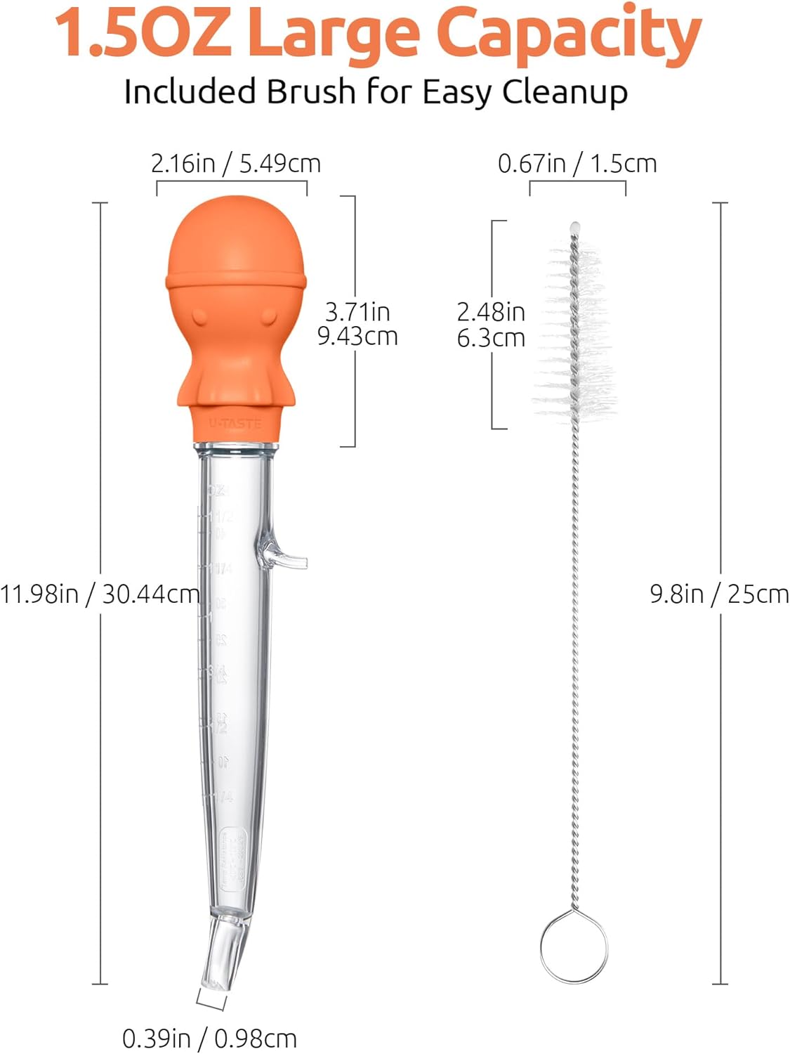 U-Taste 1.5oz Angled Turkey Baster - 228.2ºF Heat Resistant Food Grade Tritan and Silicone Large Octopus Bulb Baster Set with Cleaning Brush for Cooking Basting Meat Poultry Beef Chicken (Orange)