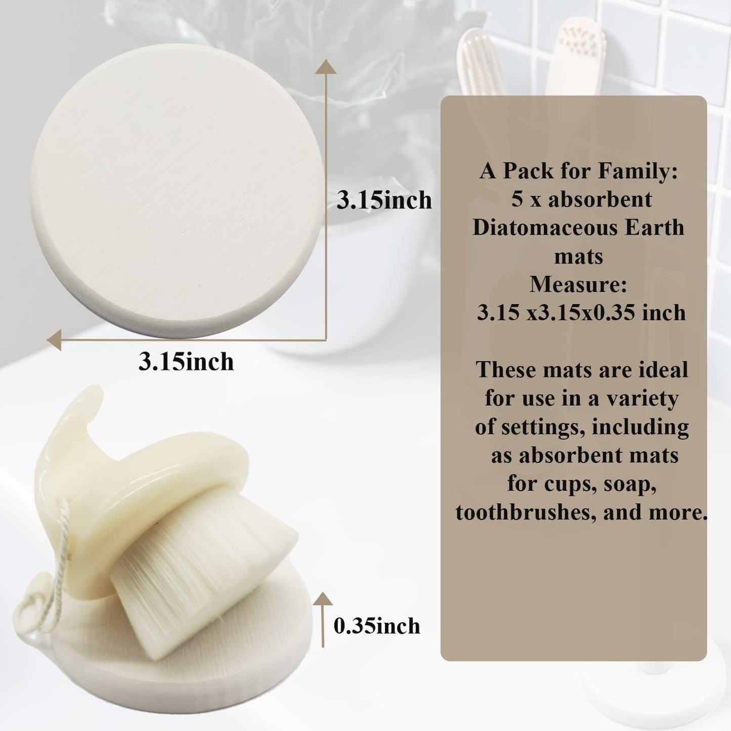 Mucco Water Absorbing Stone Tray for Sink, Water Absorbent Diatomite Coasters, Premium Diatomaceous Earth Soap Holder Dish，Fast Drying Stone Sink Tray for Hand soap & Cups & Drinks Bottles (5 White)