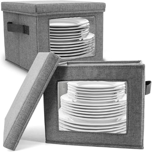 HOMELUX THEORY Hard Shell China Storage Containers for Dishes, 2pcs 12"x8" Plate Storage, Square Storage Containers with Lid, Heavy Duty Fine China Dish and Dinnerware Storage with 30 Felt Pads