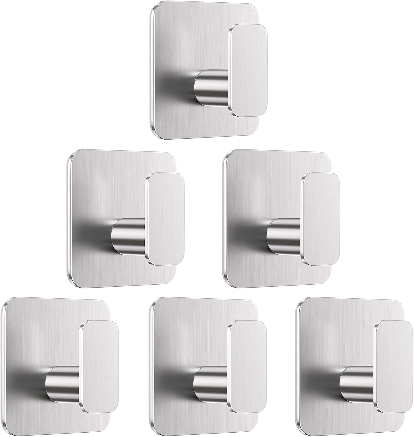 Silver Hooks for Hanging Heavy Duty, Adhesive Hooks for Shower, Bathroom, Kitchen, Robe, Towel, Coat, Waterproof & Rustproof Hook for Walls No Damage, Stainless Steel Sticky Hook - 6 Pack