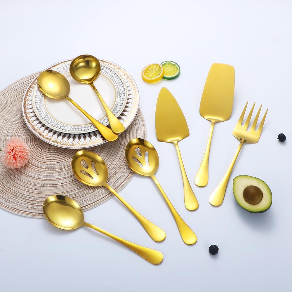 Gold Serving Utensils,8 Pcs Stainless Steel Serving Set with Serving Spoons,Serving Fork,Soup Ladle,Lasagna Server,Pie Server,Polished Serving Utensil Set for Buffet Parties Home,Dishwasher Safe
